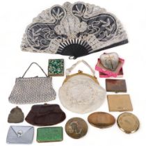 Evening purses, Vintage compacts, fan with lacework screen, etc