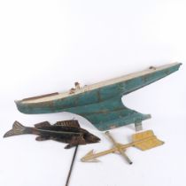 2 painted metal weather vanes, 1 in the form of a fish, L52cm, and the other in the form of an