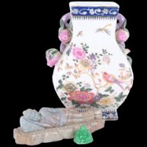 A Chinese porcelain vase, with applied flowers and 4 character mark, 26cm, miniature jadeite Buddha,