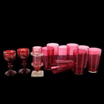 A quantity of Vintage cranberry glass, including 8 beakers, H9cm, 2 similar etched glass Sherry