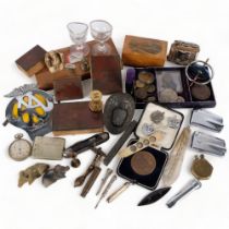 A box of various items, to include an AA badge, Mauchline Ware box, printing blocks, penknife,