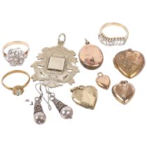 Various jewellery, including Indian silver medal, sterling silver drop earrings, heart locket