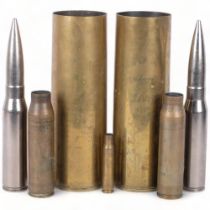 2 x 1950s brass shell cases, 29cm, 2 smaller shell cases, and 2 shells