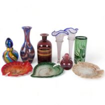 A green Art glass vase, signed, 18.5cm, 1970s dishes, 2 scent bottles and stoppers, a Phoenician