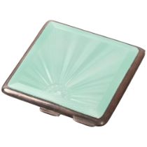 An Art Deco George VI silver and green enamel compact, Turner & Simpson Ltd, Birmingham 1947, 6.5cm