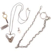 A Scandinavian silver cable link watch chain/bracelet, unmarked floral pendant necklace, etc