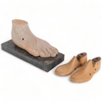 A limed carved pine study of a human foot on stand, overall length 30cm, together with 2 small
