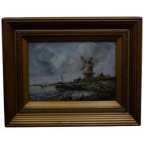 Antique embroidered picture of a windmill at the waterside, gilt frame, 42cm x 52.5cm
