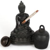 An Oriental bronze Buddha, a temple bell, another, etc