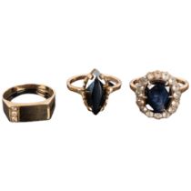 3 gold rings, including sapphire oval cluster example, 9ct hematite example etc, 10.1g total (3)