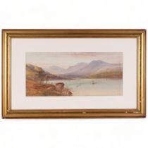 W H Earp, panoramic watercolour, Highland lake scene, 50cm x 80cm overall, framed