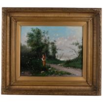 Oil on canvas, figure on a country path, signed F Pope?, in ornate gilt frame, 64cm x 72cm