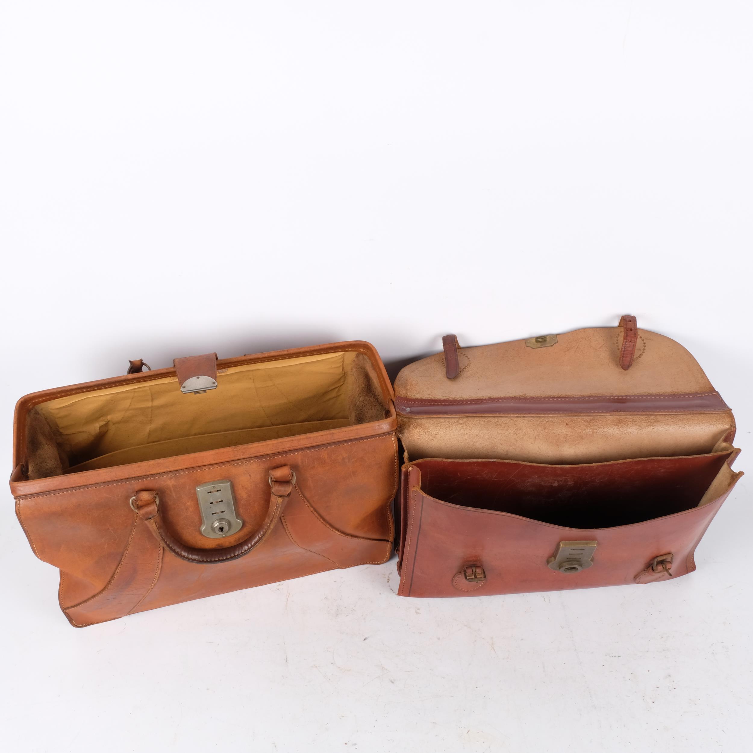 A Vintage leather Gladstone bag, L45cm, and a leather attache case - Image 2 of 2