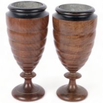 A pair of turned wood vases, with metal liners, H22.5cm