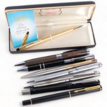 CROSS - gold plated ballpoint pen, boxed with papers, and 7 other various pens (8)