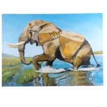 Clive Fredriksson, a large oil on canvas, wading elephant, unsigned and unframed, 84cm x 118cm