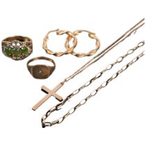 Various 9ct gold jewellery, including signet ring, pair of twisted hoop earrings, cross pendant etc,