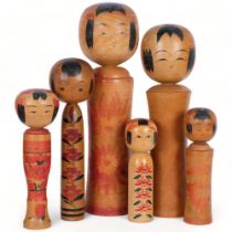 A group of 6 painted wood Japanese Kokeshi dolls, tallest 40cm