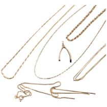 Various 9ct gold jewellery, including wishbone pendant, chain necklace and bracelet, etc, 10.8g