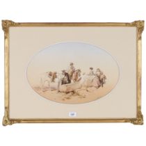 J Hanay?, oval watercolour, study of Continental figures and horses at a watering point, image width