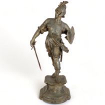 A Continental patinated spelter figure of a Roman Gladiator, on plinth, 58cm