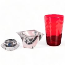 A Whitefriars ruby glass vase, H19.5cm, a Royal Copenhagen glass candle holder, and a square glass