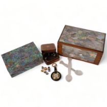 A Japanese engraved mother-of-pearl decorated jewellery box, with scenic Japanese decoration...