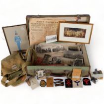 A collection of military postcards, pictures, booklets, buttons, buckle, canvas bag, etc, in a