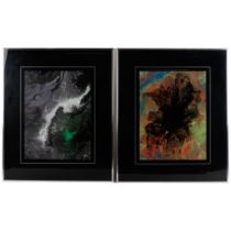 2 x 1970s abstract reverse painted glass pictures, framed, 61cm x 51cm (2)