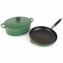 LE CREUSET (FRANCE) - a green enamel cast-iron frying pan, and a Le Creuset 2-handled cooking pot,