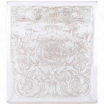 An Antique bevel-edge etched glass panel, with scrolled armorial decoration, 51cm x 57cm