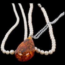 2 single-strand pearl bead necklaces with silver clasps, and an amber pendant necklace (3)