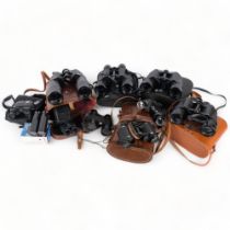 A large selection of various Vintage binoculars, including Prinz 10x50, Dollond Owlvis 15x60, Wray