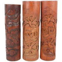 3 large Japanese carved bamboo brush pots, with dragon and figure designs, tallest 38cm