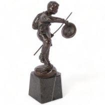 After Juhu?, patinated bronze study of scout, on a black marble stand, H20cm