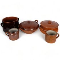 3 glazed terracotta clocks, including Stent, tallest 21cm, and 2 French large stoneware mugs