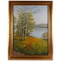 Oil on canvas, silver birches and poppies at the waterside, gilt frame, signed, 80cm x 62cm overall