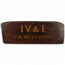 A 19th Century Hansom Cab footboard advertising panel, IV and I. J.B. Meredith. Licensed to carry