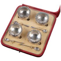 An Edwardian silver 4-piece cruet set, Harrison Brothers & Howson, Sheffield 1902, in fitted red