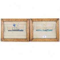 Pair of 19th century watercolours on rectangular silk panel, study of the sailing ship Henrietta,