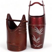 An Oriental stained bamboo container, 22.5cm, and a small bucket with silver foliate decoration