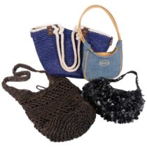 A blue woven shopping basket, another, and 2 handbags