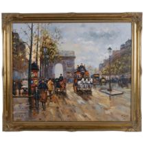 Oil on canvas, turn of the century Parisian scene, signed H Jacob, in embossed gilt frame, 58cm x