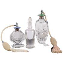 2 cut-glass silver and enamel atomiser perfume bottles, and a moulded glass bottle and stopper (3)