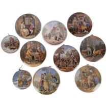 A selection of Antique Pratt Ware pot lids, various sizes and scenes, including "A Letter from the