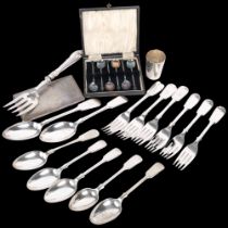 Various silver plate, including 19th century drinking tot, cutlery, fish serving fork, etc