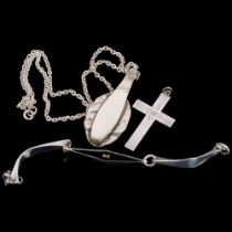 A modern sterling silver and black enamel panel bracelet, silver cross pendant necklace, etc