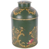 A large green Tole Ware tea can, with Oriental decoration, H37cm