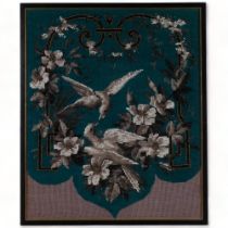 A beadwork framed study of lovebirds, 48cm x 40cm overall, framed