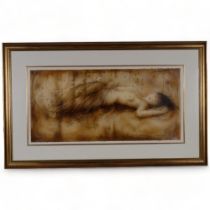 A large gilt-framed study of a reclining nude girl, 81cm x 132cm overall